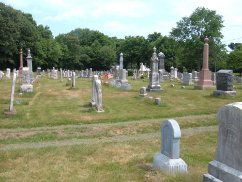 A peaceful cemetery with various gravestones and monuments set in a grassy area surrounded by trees.