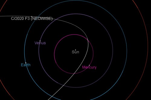 Diagram showing the orbits of Mercury, Venus, Earth, and comet C/2020 F3 (NEOWISE) around the Sun.