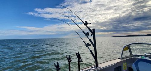 Fishing rods are set up on a boat, with a calm lake and cloudy sky in the background.