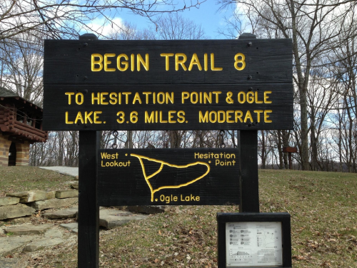 Sign marking the start of Trail 8, indicating a 3.6-mile moderate hike to Hesitation Point and Ogle Lake.