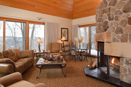 Cozy living room with stone fireplace, large windows, and comfortable seating, overlooking a snowy landscape.