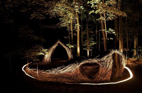 A whimsical structure made of branches, illuminated by a glowing circle, set in a dark forest at night.