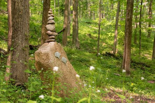 A stacked stone cairn atop a large rock in a lush green forest, surrounded by trees and wildflowers.