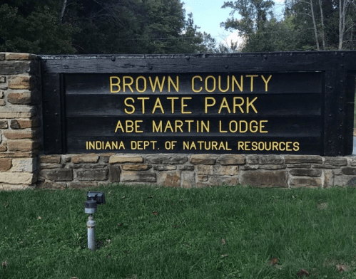 Sign for Brown County State Park and Abe Martin Lodge, Indiana Department of Natural Resources.