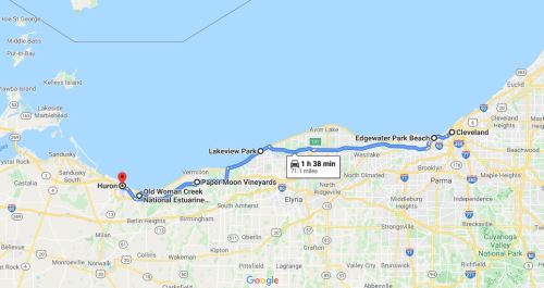 Map showing a route from Huron to Edgewater Park Beach in Cleveland, with a travel time of 1 hour and 38 minutes.