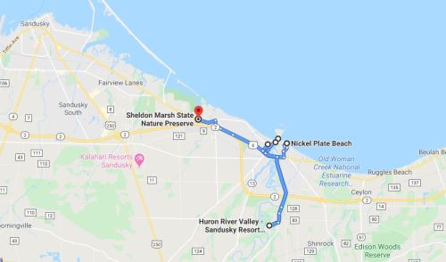 Map showing the route from Sheldon Marsh State Nature Preserve to Nickel Plate Beach, near Sandusky, Ohio.