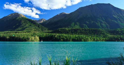 A serene lake surrounded by lush green mountains and a clear blue sky with scattered clouds.