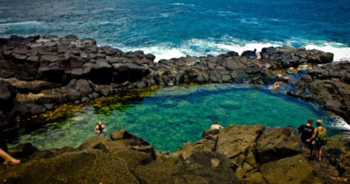 A natural pool surrounded by black rocks, with people swimming and enjoying the ocean view.
