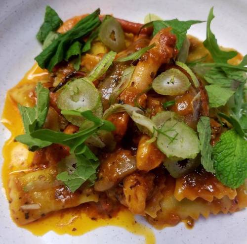 A plate of ravioli topped with a rich sauce, garnished with fresh herbs and sliced vegetables.