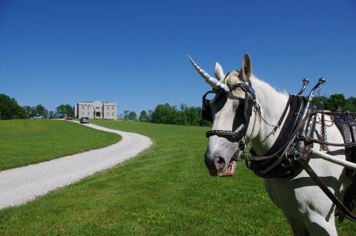 A white unicorn with a horn stands beside a gravel path leading to a grand stone building under a clear blue sky.