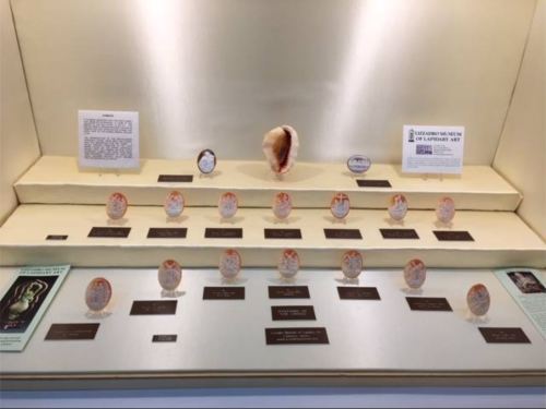 Display case featuring various decorative eggs and a large shell, with informational plaques and a sign.