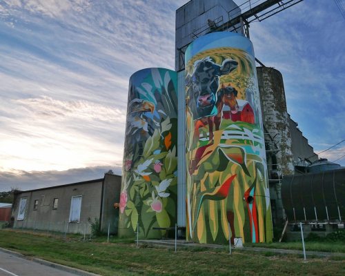 Colorful murals of animals and plants on large silos against a cloudy sky.
