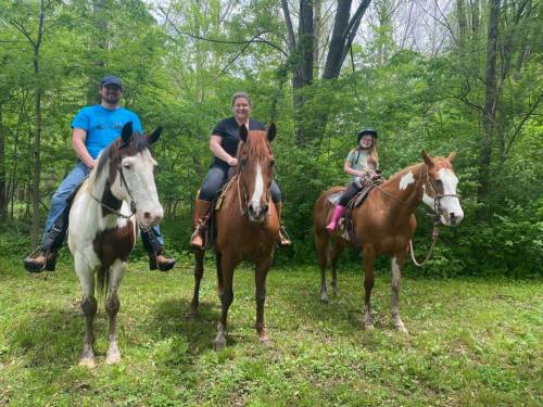Two adults and a child riding horses in a lush green forest setting.