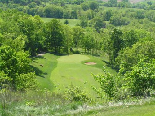 A lush green golf course surrounded by trees, with a sand trap visible near the green.