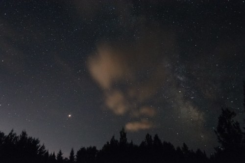 A starry night sky with clouds and the Milky Way visible above a silhouette of trees.
