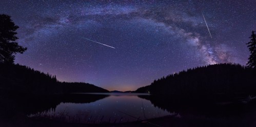 A panoramic view of a starry night sky over a calm lake, with the Milky Way and shooting stars visible.