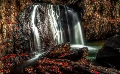 A serene waterfall cascades over dark rocks, surrounded by autumn leaves in a tranquil forest setting.