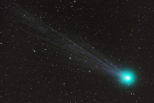A bright comet with a glowing turquoise nucleus and a long, wispy tail, set against a starry night sky.
