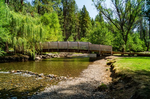 A wooden bridge spans a clear stream, surrounded by lush green trees and a rocky shoreline under a bright blue sky.