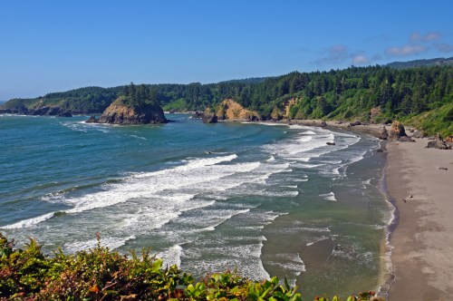 A scenic coastal view with waves crashing on a sandy beach, surrounded by lush green cliffs and trees under a clear blue sky.