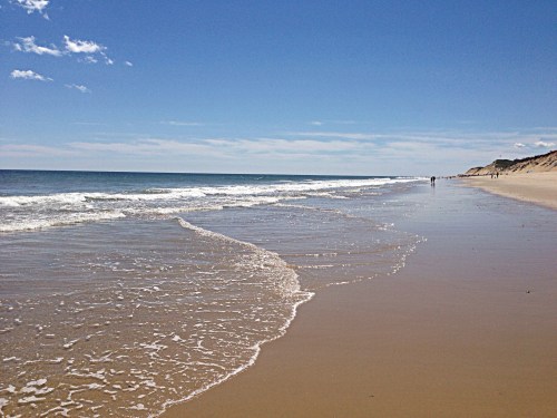 A serene beach scene with gentle waves lapping at the shore under a clear blue sky. People walk in the distance.