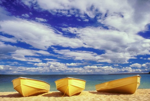 Three yellow boats on a sandy beach under a bright blue sky with fluffy white clouds.