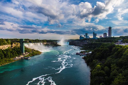 A panoramic view of Niagara Falls with lush greenery, a river, and city skyline under a partly cloudy sky.
