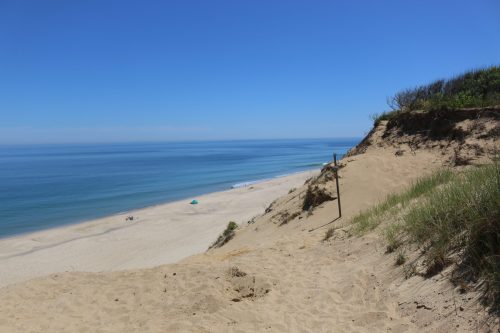 A sandy beach with gentle waves under a clear blue sky, framed by grassy dunes and a distant beachgoer.