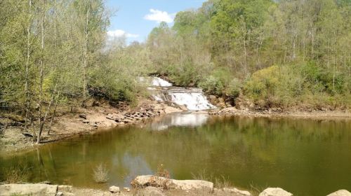 A serene landscape featuring a waterfall cascading into a calm pond, surrounded by lush greenery and blue skies.
