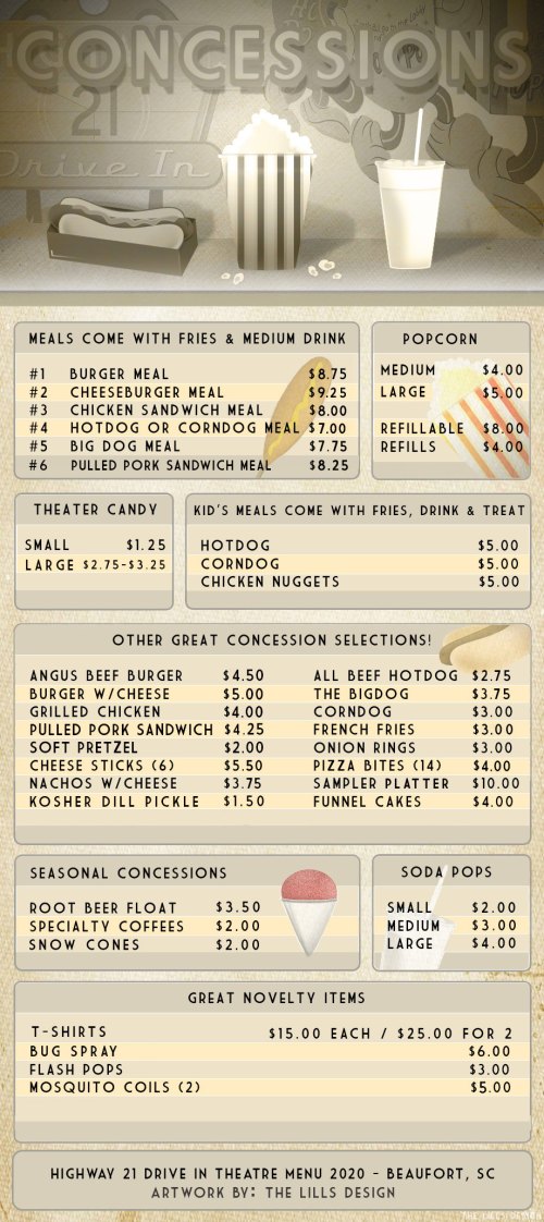 Menu of concessions featuring meals, snacks, drinks, and novelty items at a theater, with prices listed.