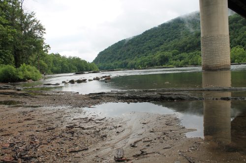 A serene river scene with a rocky shore, lush greenery, and a bridge pillar in the background under a cloudy sky.