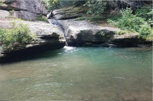 A serene natural scene featuring a small waterfall cascading into a clear, tranquil pool surrounded by rocks and greenery.