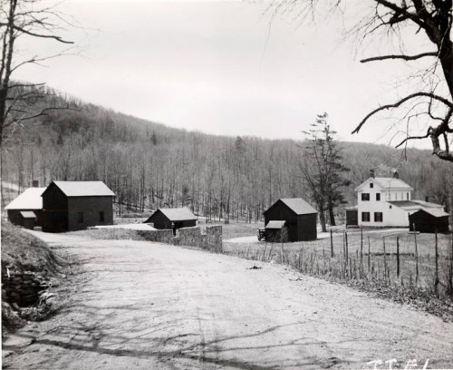 A rural scene featuring several wooden buildings along a dirt road, surrounded by bare trees and hills.
