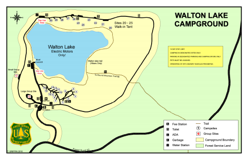 Map of Walton Lake Campground, showing campsites, trails, and facilities around the lake. Electric motors only.