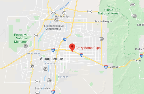 Map of Albuquerque, New Mexico, highlighting the location of Crazy Bomb Cups.