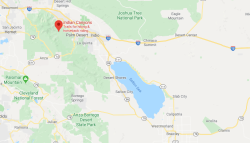 Map highlighting Indian Canyons near Palm Desert, California, with nearby parks and trails for hiking and horseback riding.