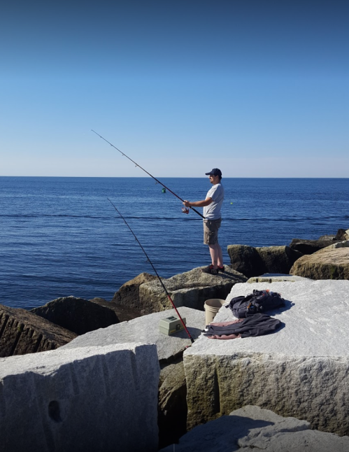 A person fishing on rocky shorelines with fishing rods and gear beside them, overlooking a calm sea.