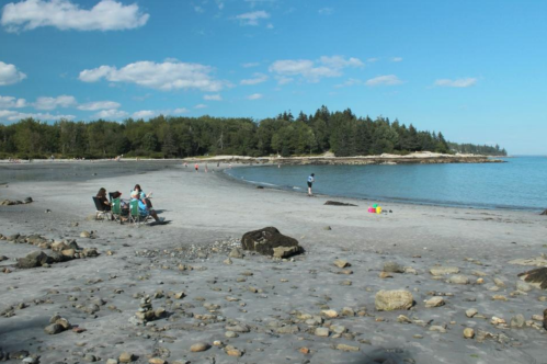 A sandy beach with people relaxing, trees in the background, and calm blue water under a clear sky.