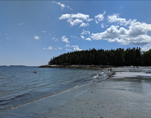 A serene beach scene with calm water, sandy shore, and a forested area in the background under a blue sky with clouds.
