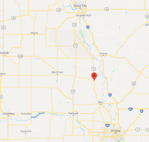 Map showing a location marked in red near Blair, Nebraska, with surrounding highways and towns.