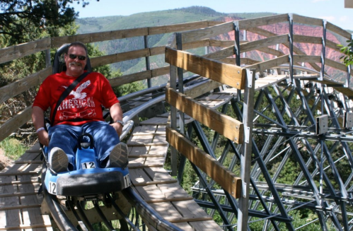 A man in a red shirt enjoys a ride on a mountain coaster, surrounded by trees and scenic views.