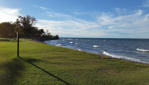 A serene lakeside view with gentle waves, green grass, and a clear blue sky.