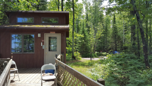 A small wooden cabin surrounded by lush green trees, with a deck and a path leading into the forest.
