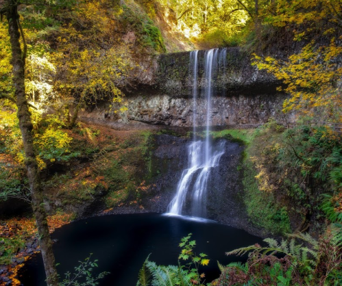A serene waterfall cascades into a dark pool, surrounded by vibrant autumn foliage and rocky cliffs.