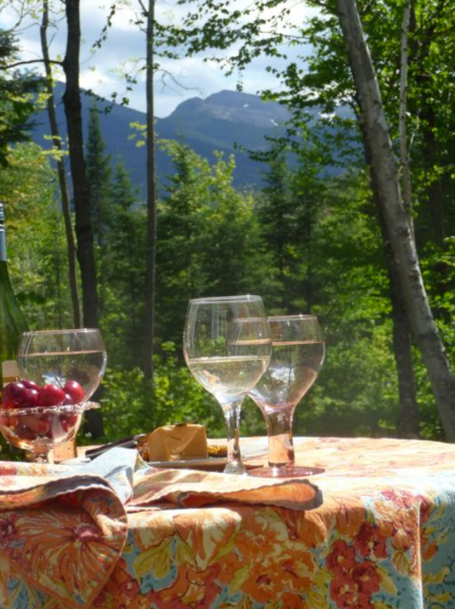 A table set outdoors with wine glasses, grapes, and a scenic view of mountains and trees in the background.