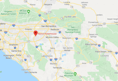 Map showing the location of Norco Powerhouse in Southern California, near San Bernardino and Riverside.