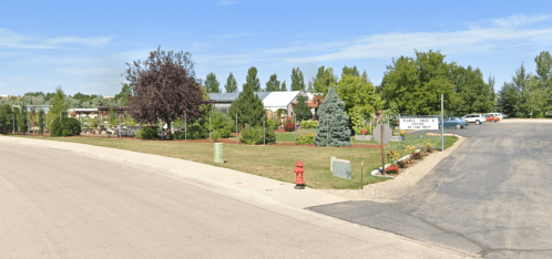 A landscaped garden center with various plants, trees, and a parking area under a clear blue sky.