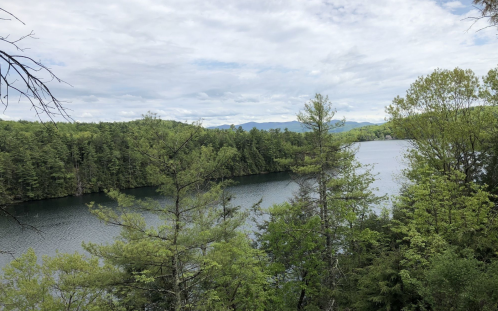 A serene lake surrounded by lush green trees and distant mountains under a cloudy sky.