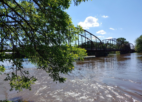 A historic bridge spans a river, framed by green leaves and a bright blue sky with scattered clouds.