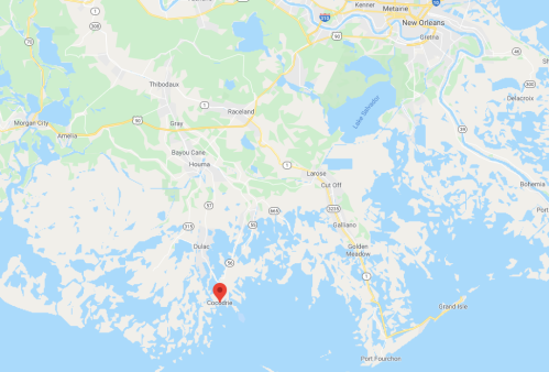 Map showing the area around Cocodrie, Louisiana, with nearby towns and waterways highlighted.